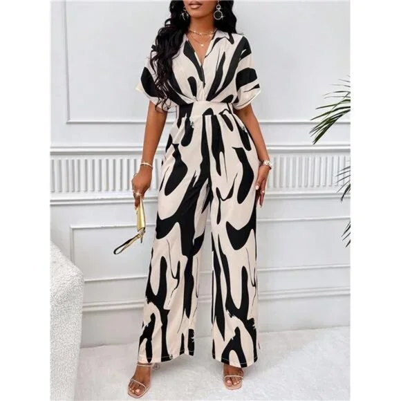 Allover Print Batwing Sleeve Belted Jumpsuit